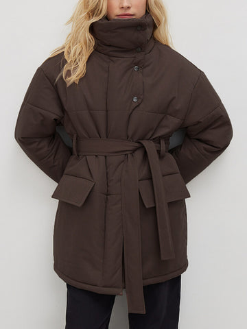 Airchics mi-longue manteau unicolore boutons poches ceinture col cheminée manches longues femme décontracté